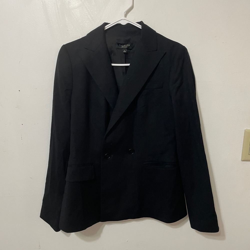 Talbots Womens Black Double Breasted Blazer Suit Jacket 99% Wool Size 8